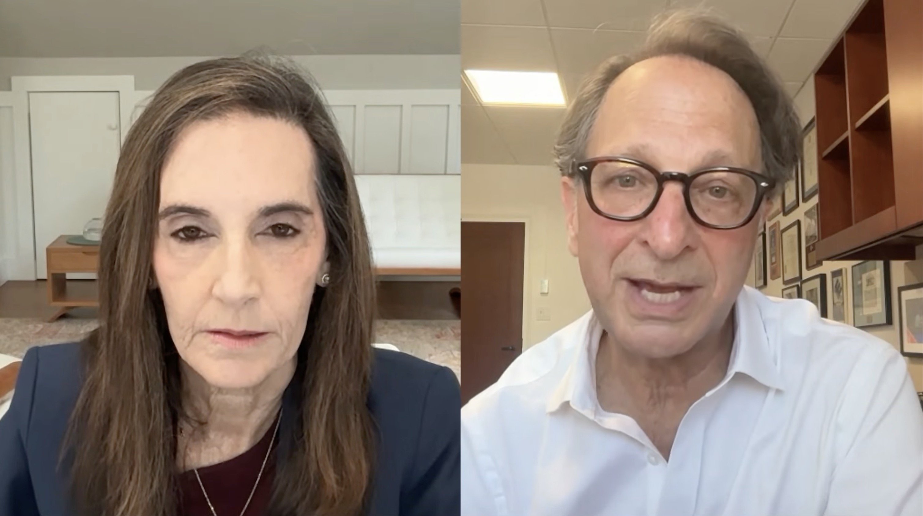 Two professionals engaged in a virtual discussion, with one woman in a dark blazer and a man in a white shirt, set against simple office backgrounds.