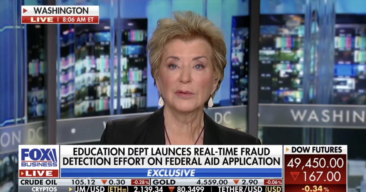 News segment featuring a woman discussing the Education Department's new real-time fraud detection initiative for federal aid applications, broadcasted live from Washington.
