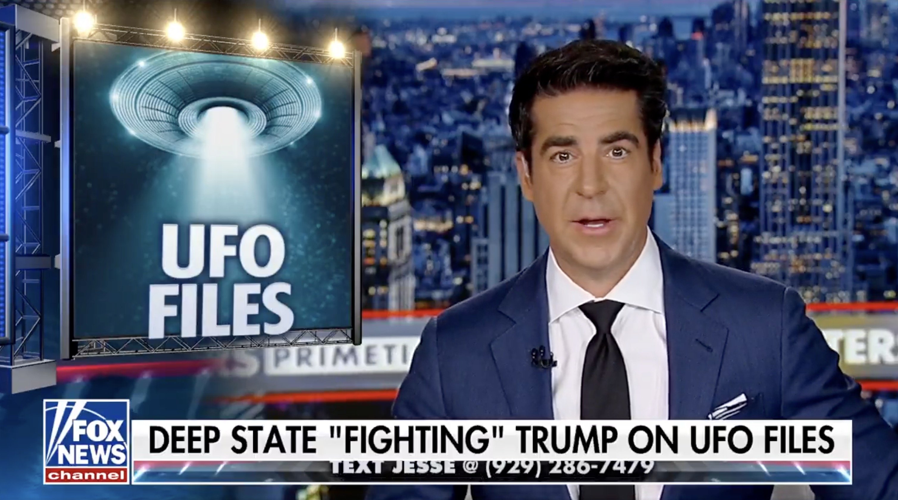 News anchor discussing UFO files and claims of deep state interference with Trump on Fox News Channel.