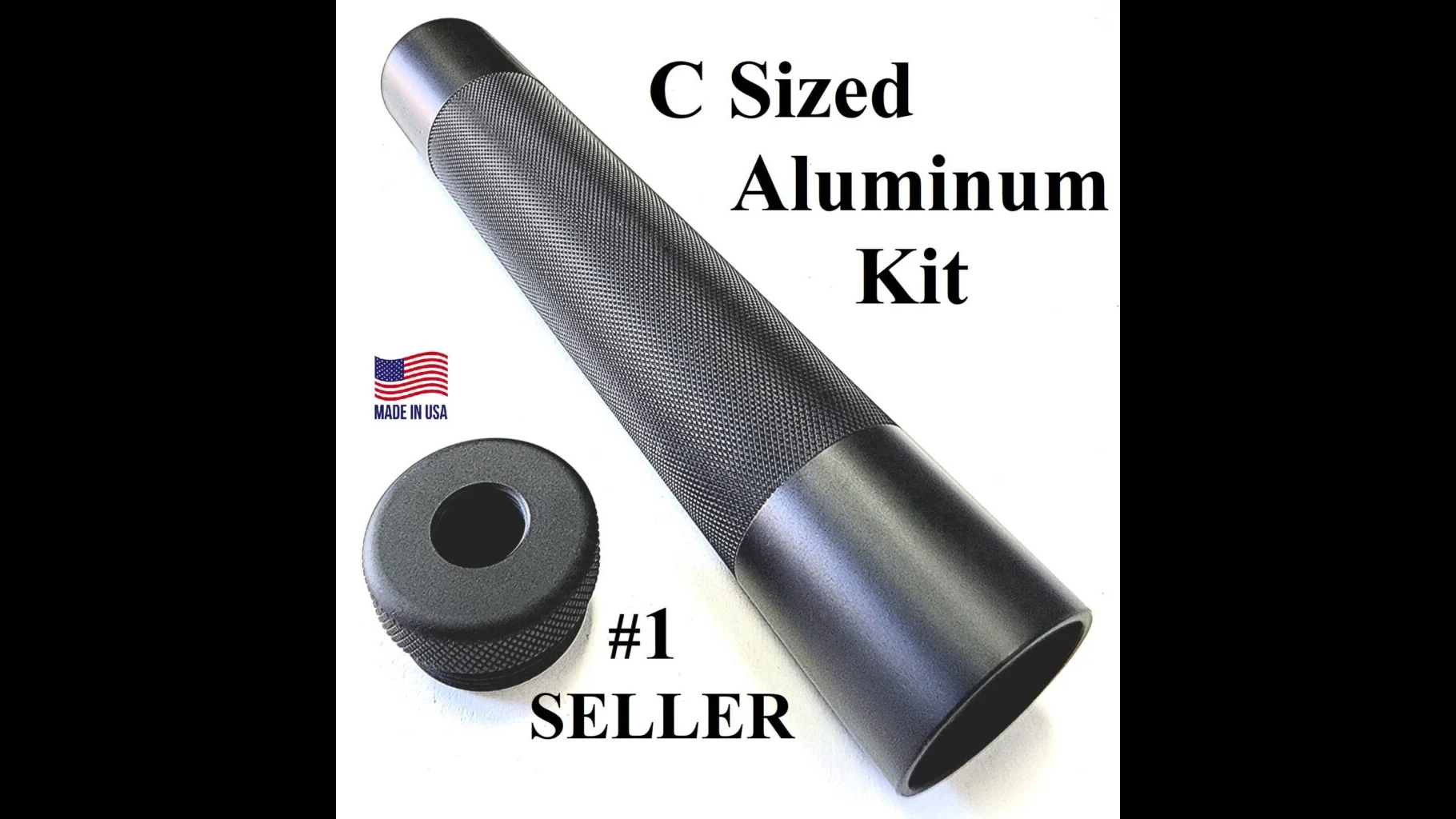 C sized aluminum kit featuring a textured grip and a cap, labeled as the number one seller and made in the USA.