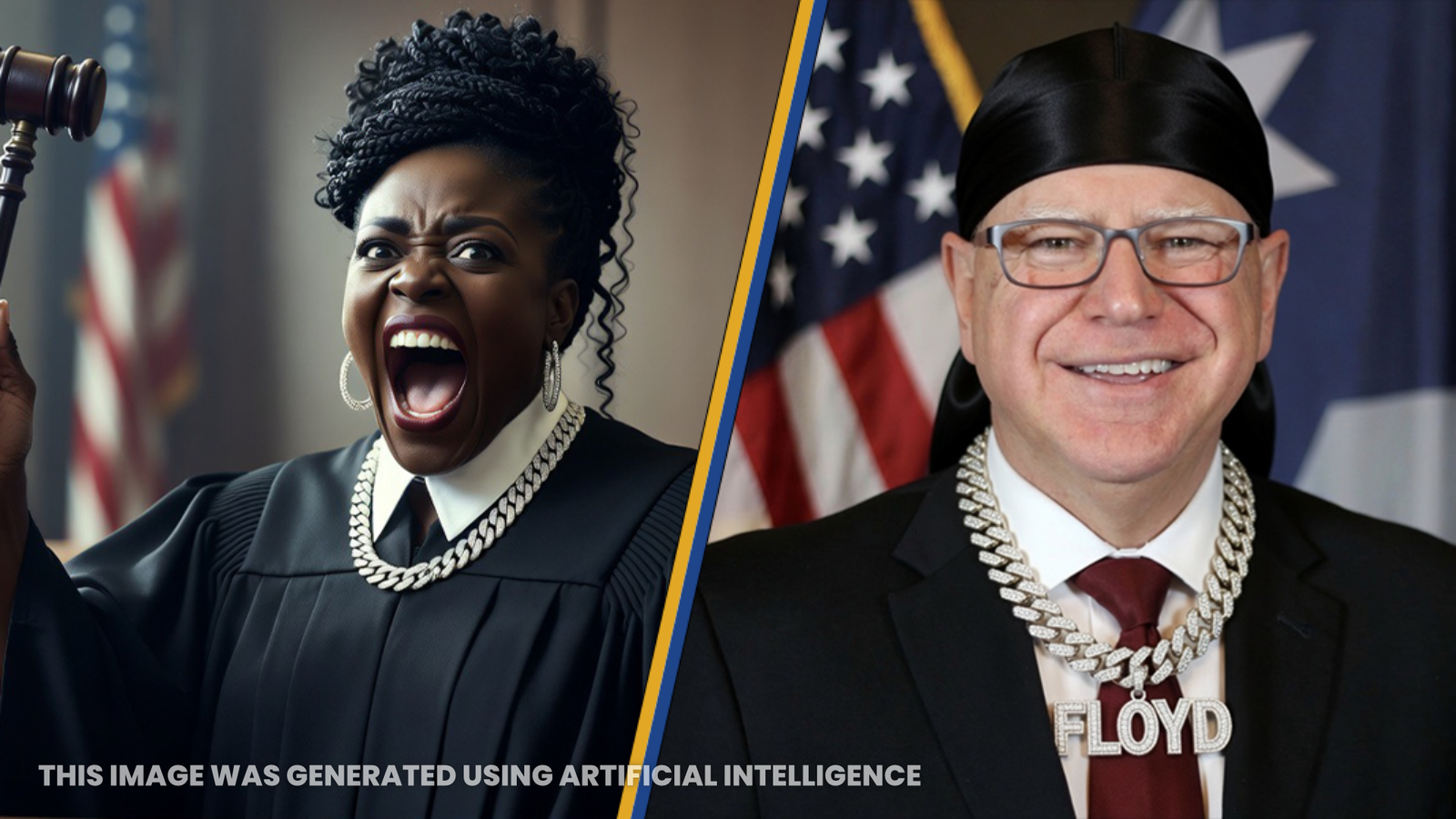 A judge in a black robe passionately raises a gavel, while a man in a suit and chain necklace smiles, both set against a backdrop of American flags.