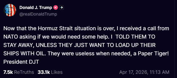Tweet by Donald Trump discussing NATO's response to the Hormuz Strait situation, emphasizing his stance on military assistance and oil shipments.