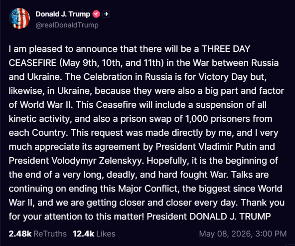 Announcement of a three-day ceasefire in the Russia-Ukraine war, coinciding with Victory Day celebrations, including a prisoner swap agreement between leaders.