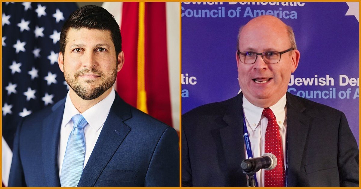 Two men in professional attire, one against a flag backdrop and the other speaking at a podium, represent political engagement and leadership.