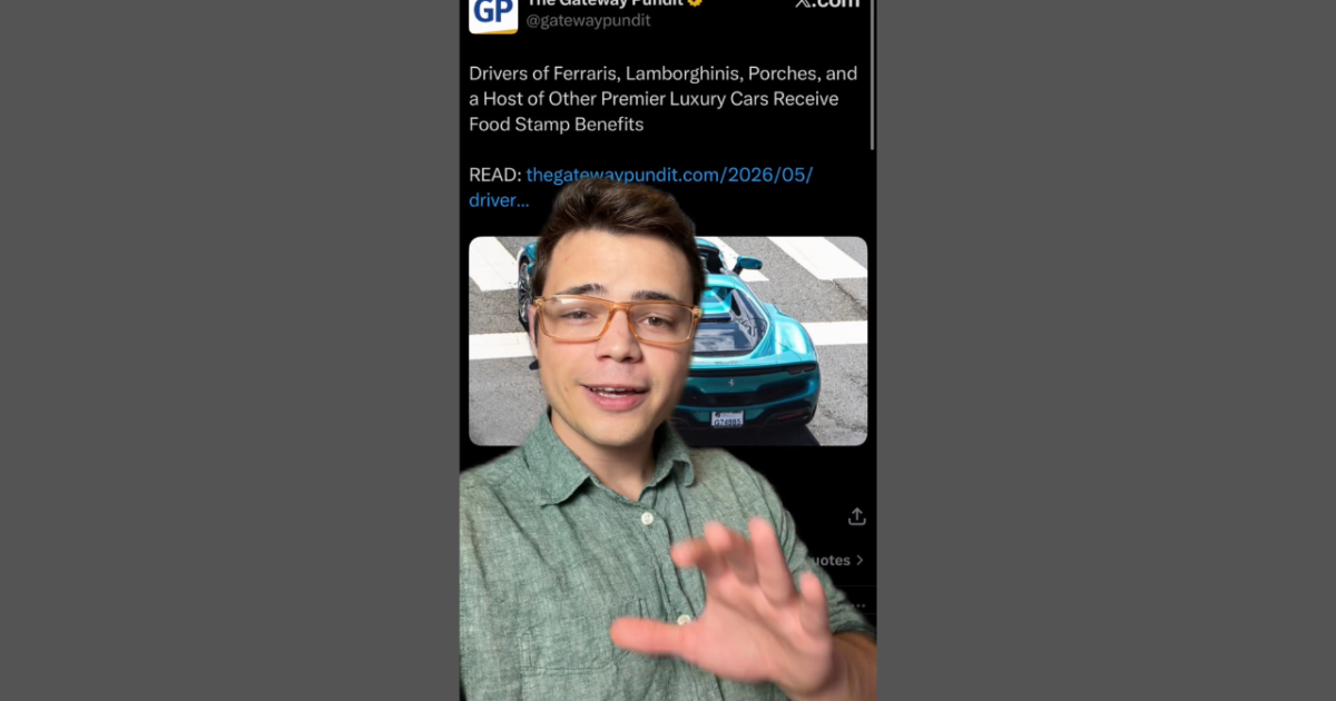 Person with glasses speaking in front of a luxury car, discussing the issue of high-end car owners receiving food stamp benefits.