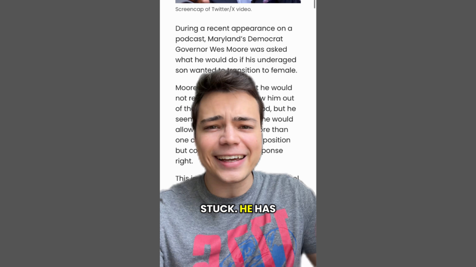 Man smiling while discussing Maryland Governor Wes Moore's response to his son's potential gender transition during a podcast.