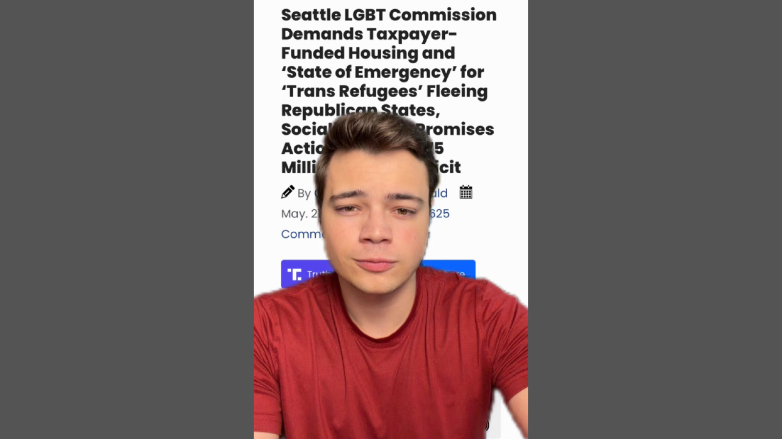 Person in a red shirt with a serious expression, in front of a news article about Seattle LGBT Commission's demands for housing for trans refugees.