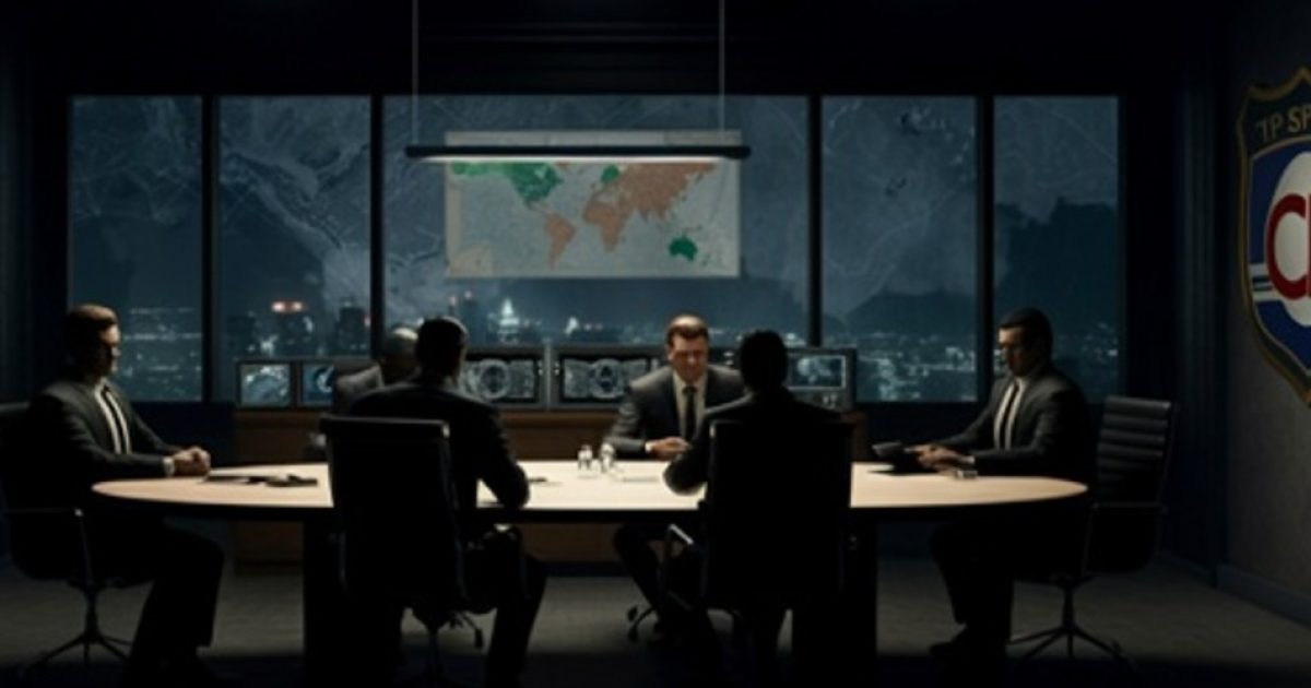 Business meeting in a high-tech conference room with six men discussing strategy, featuring a world map and city skyline in the background.