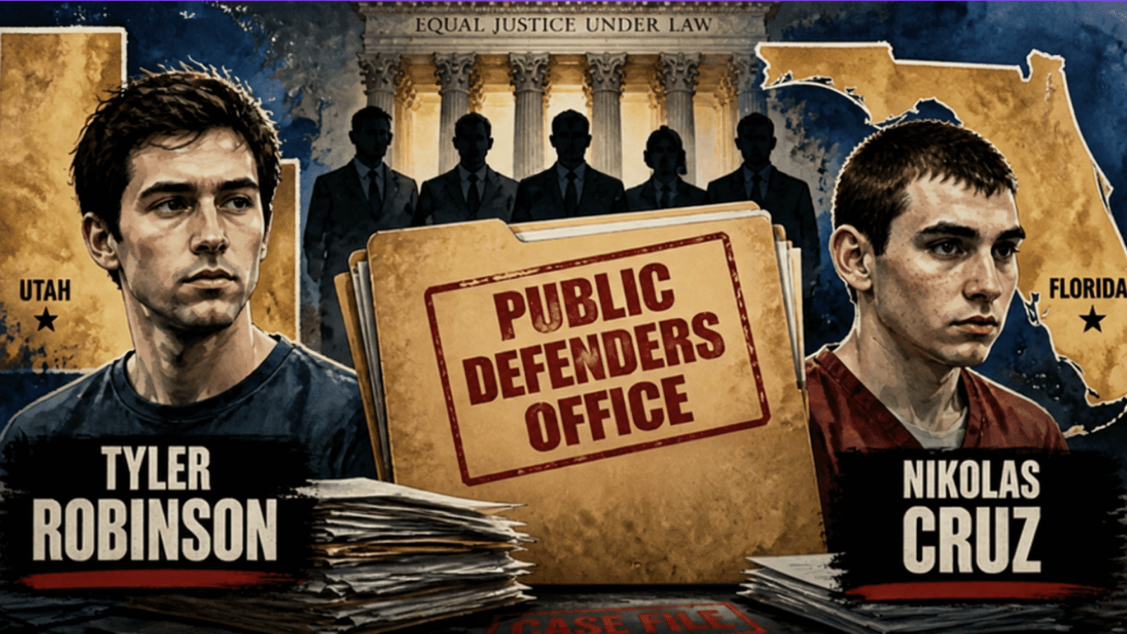 Image depicting public defenders office with case files for Tyler Robinson from Utah and Nikolas Cruz from Florida, highlighting themes of justice and legal representation.