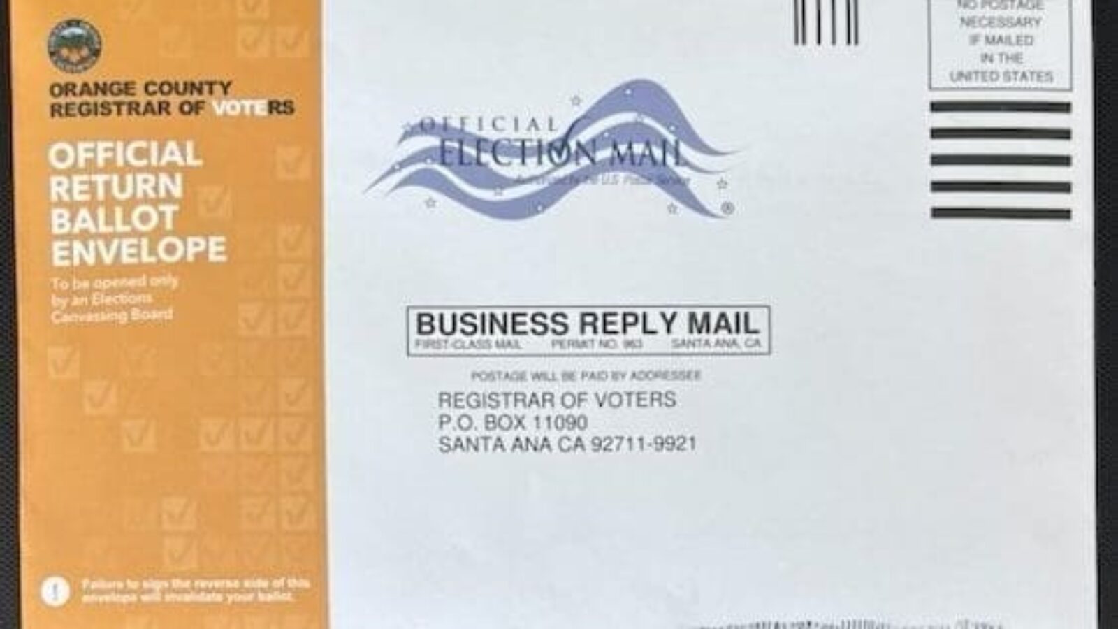 Official return ballot envelope from the Orange County Registrar of Voters for mail-in voting, featuring instructions and a business reply mail section.