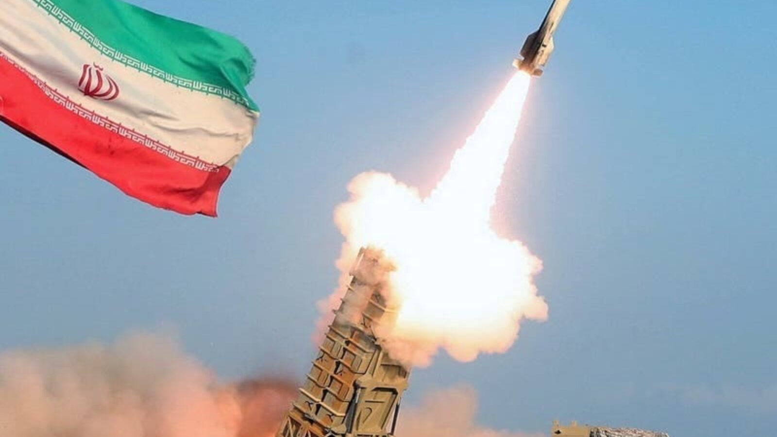 Iranian missile launch with the national flag in the foreground, showcasing military capabilities and defense technology during a test or demonstration.