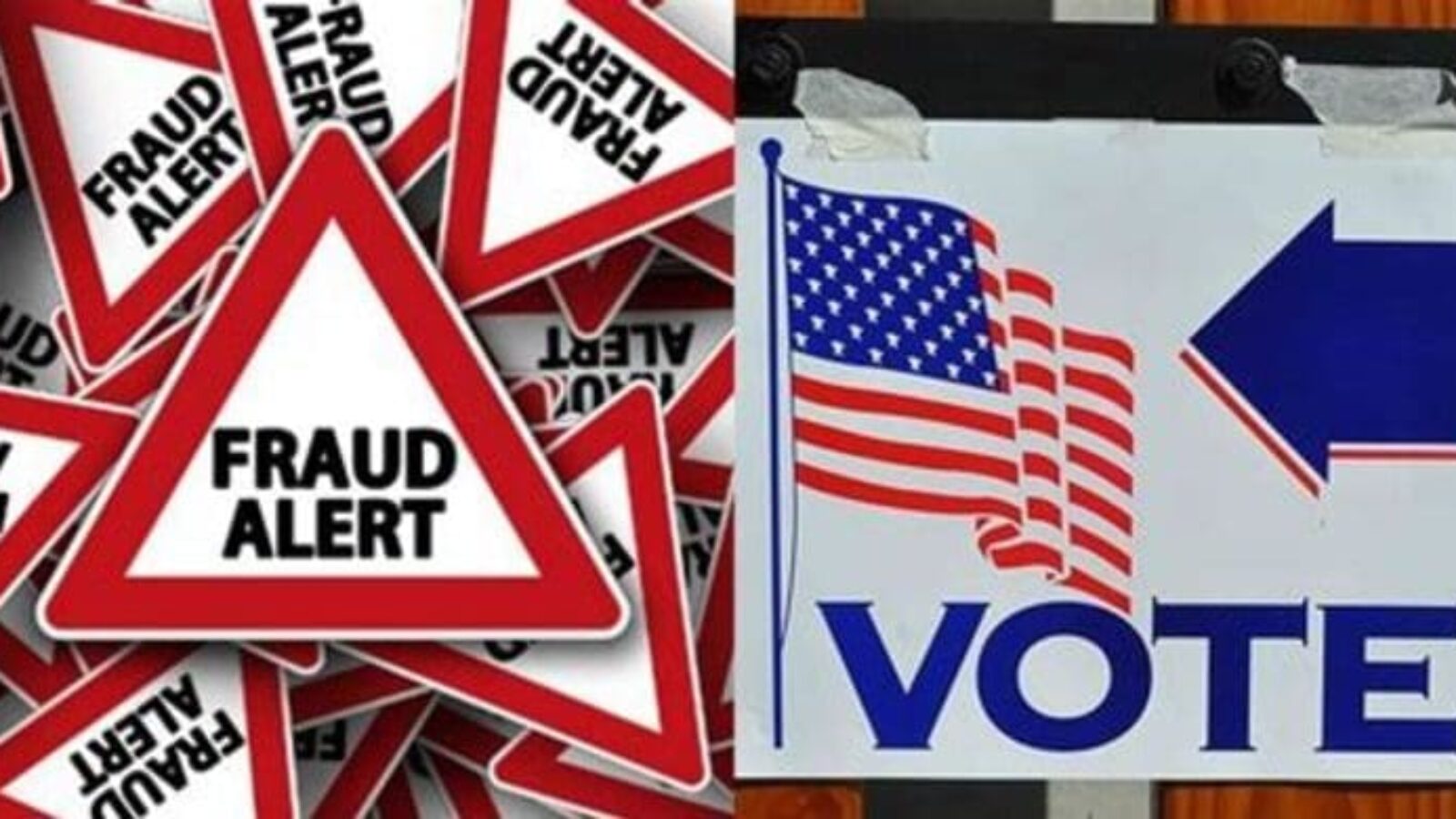 Image depicting a collection of fraud alert signs alongside a voting direction sign featuring the American flag, highlighting election integrity and voter guidance.