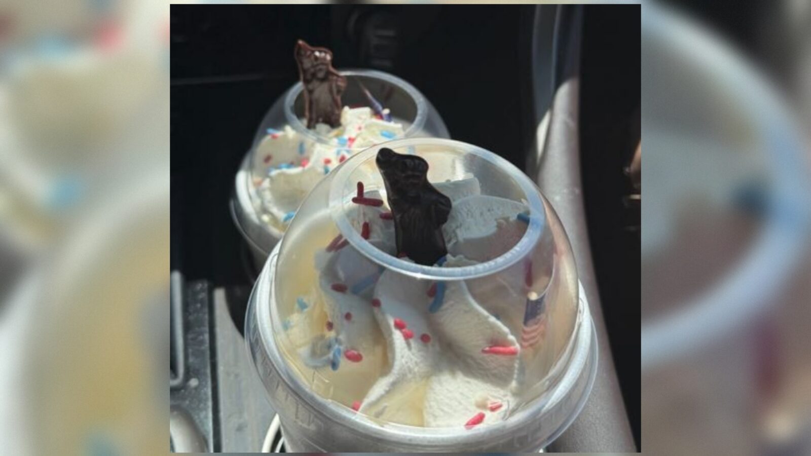 Two delicious ice cream sundaes topped with whipped cream, colorful sprinkles, and chocolate figures, sitting in a car cup holder.
