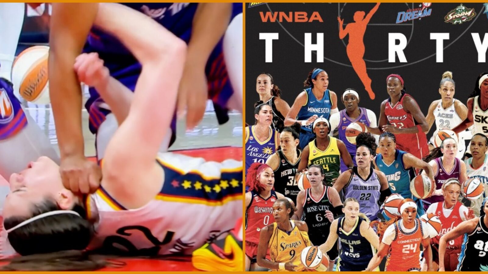 WNBA players showcase intense competition, featuring a player on the ground during a game alongside a graphic celebrating the league's 30th anniversary.