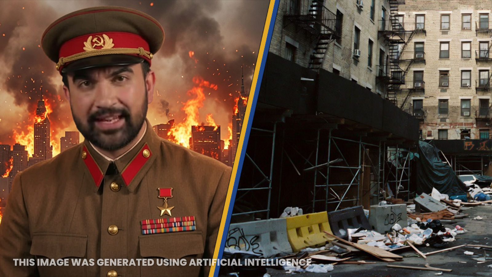 A man in a military uniform stands against a backdrop of a burning cityscape, juxtaposed with a scene of urban decay and debris.