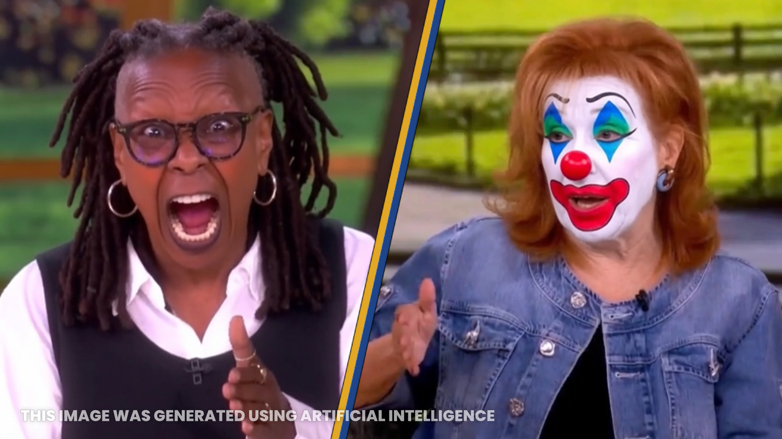 Whoopi Goldberg and Joy Behar engage in a lively discussion, with Behar wearing clown makeup, showcasing their humorous interaction on a talk show set.