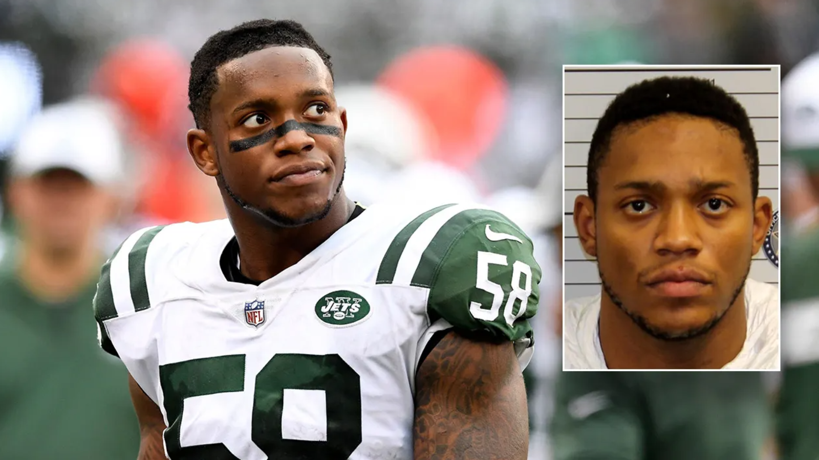 NFL player in New York Jets uniform with face paint, alongside mugshot, highlighting his dual identity as an athlete and individual facing legal issues.