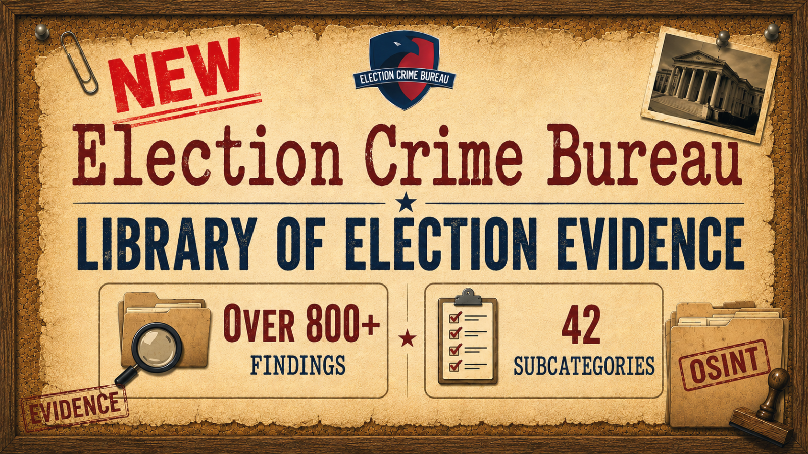 New Election Crime Bureau library showcasing over 800 findings and 42 subcategories of election evidence for research and analysis.