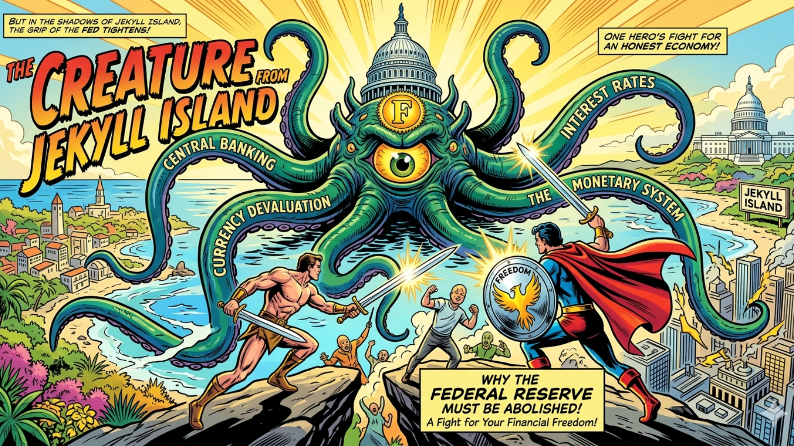 Illustration depicting a heroic battle against the Federal Reserve's influence, featuring an octopus representing central banking, set against Jekyll Island's landscape.
