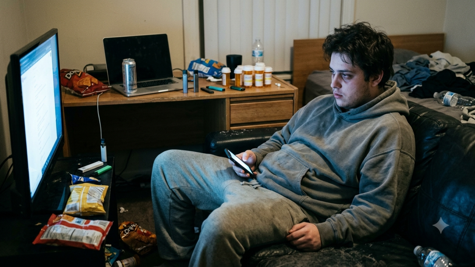 A young man in casual clothing sits on a couch, focused on his phone, surrounded by snacks and clutter in a dimly lit room.