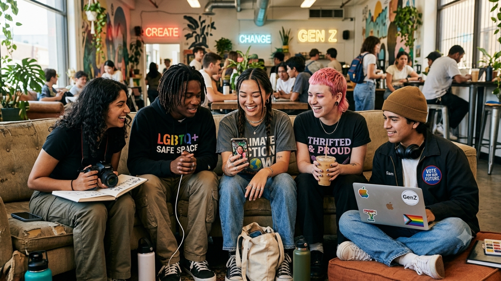 A diverse group of young adults engages in conversation and laughter in a vibrant workspace, showcasing creativity and community among Gen Z.