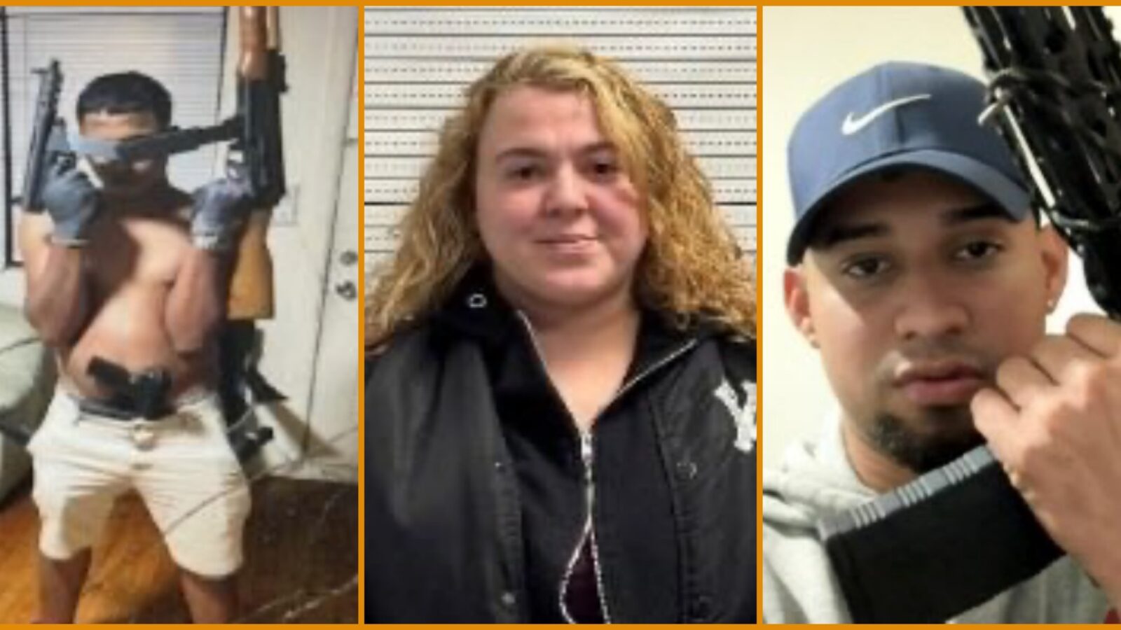 Three individuals posing with firearms in various settings, highlighting themes of gun culture and personal expression.
