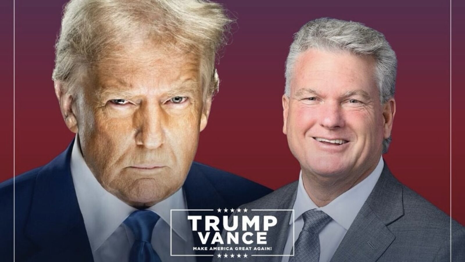 Donald Trump and Mike Vance pose together, promoting the Trump Vance campaign with a bold graphic design featuring a red background and campaign slogan.