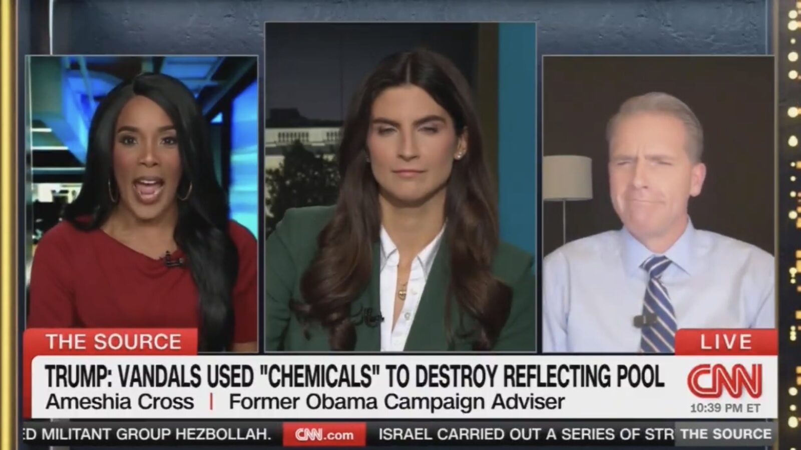 CNN discussion featuring Ameshia Cross, a former Obama campaign adviser, addressing Trump's comments about vandalism at a reflecting pool.