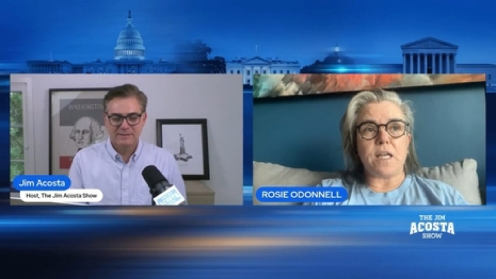 Jim Acosta interviews Rosie O'Donnell on The Jim Acosta Show, discussing current events against a backdrop of the U.S. Capitol.