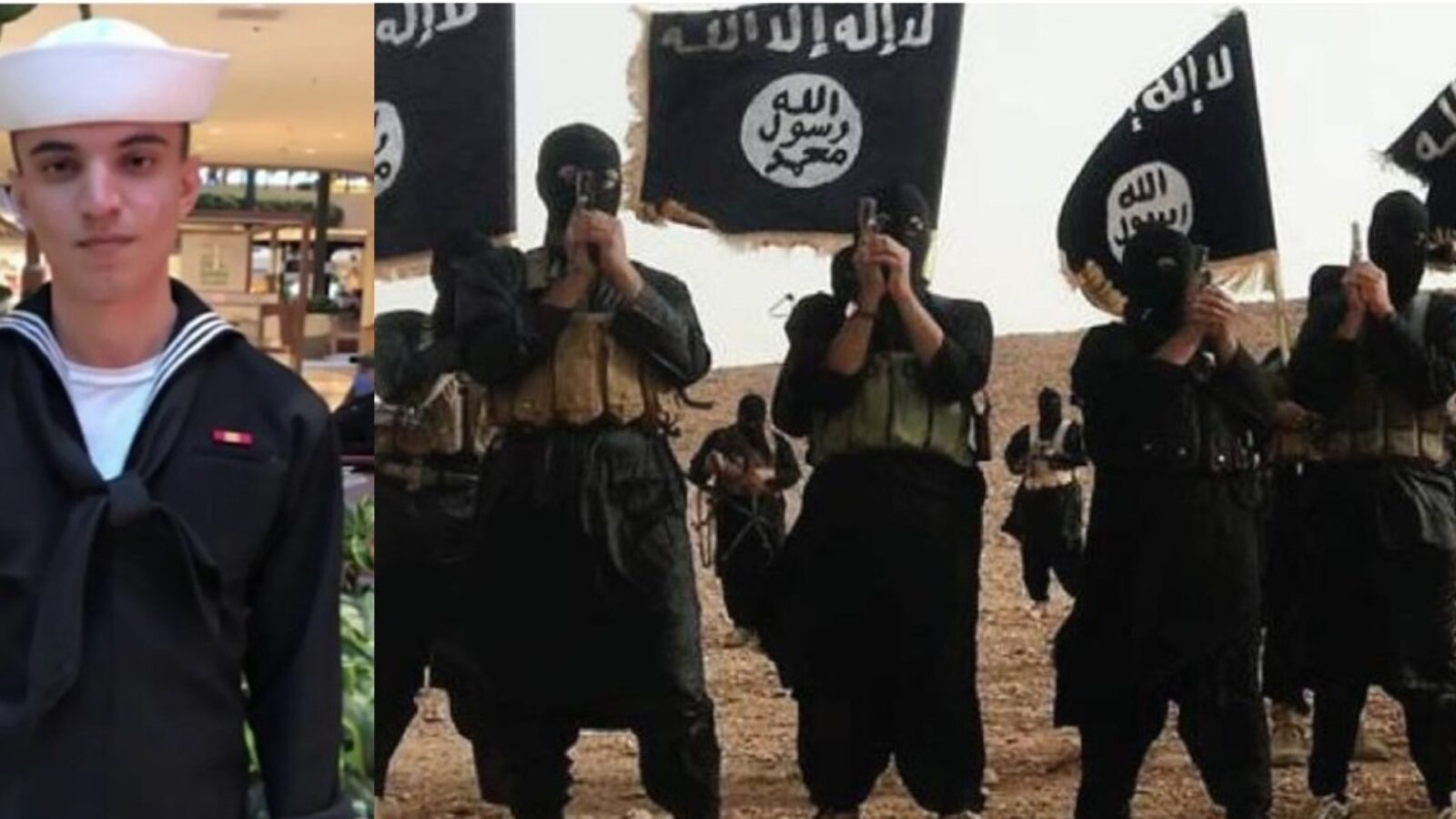 Image depicting a young sailor in uniform alongside a group of masked individuals holding flags, representing contrasting themes of military service and extremism.