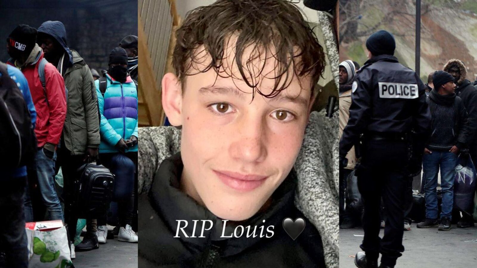 Image depicting a somber tribute to Louis, featuring a young boy's portrait alongside a crowd and police presence, highlighting themes of loss and community.