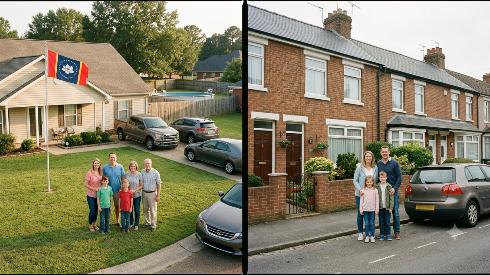 Family portraits showcasing two distinct homes: one in a suburban setting with a flag and pool, and another in a brick row house neighborhood.