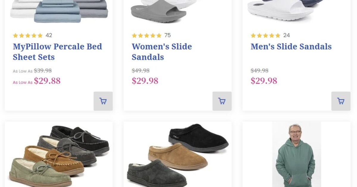 Image showcasing MyPillow products including bed sheets, women's sandals, men's sandals, and slippers, featuring sale prices and customer ratings.
