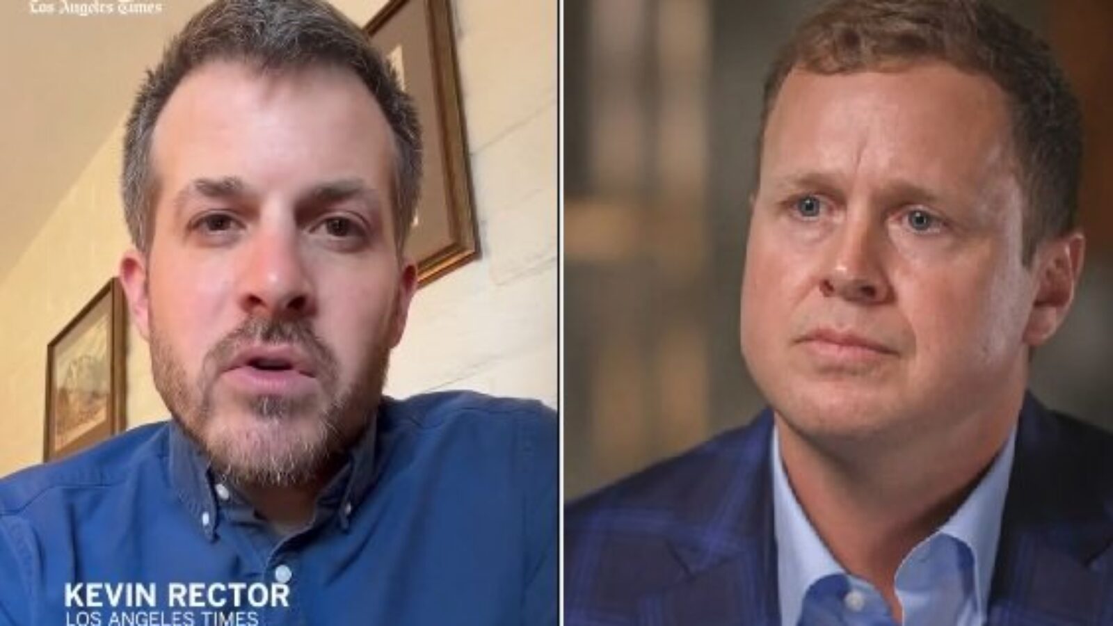 Two men engaged in a discussion, one identified as Kevin Rector from the Los Angeles Times, focusing on a serious topic.