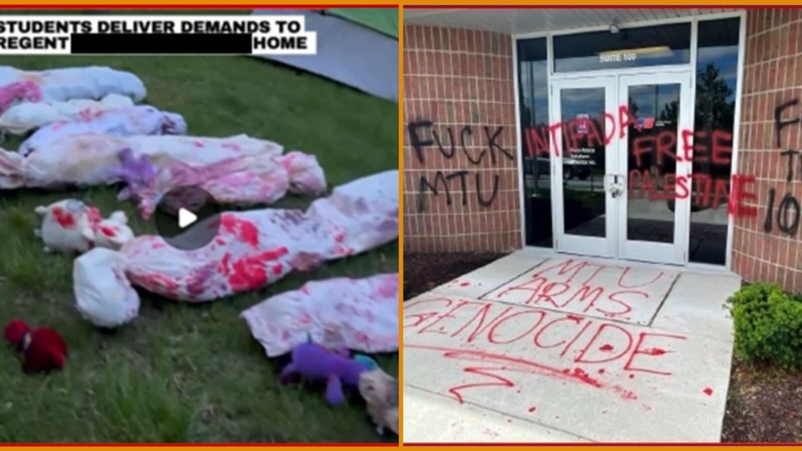Protest scene featuring bloodied fabric figures on grass and graffiti on a building, expressing political messages and demands.