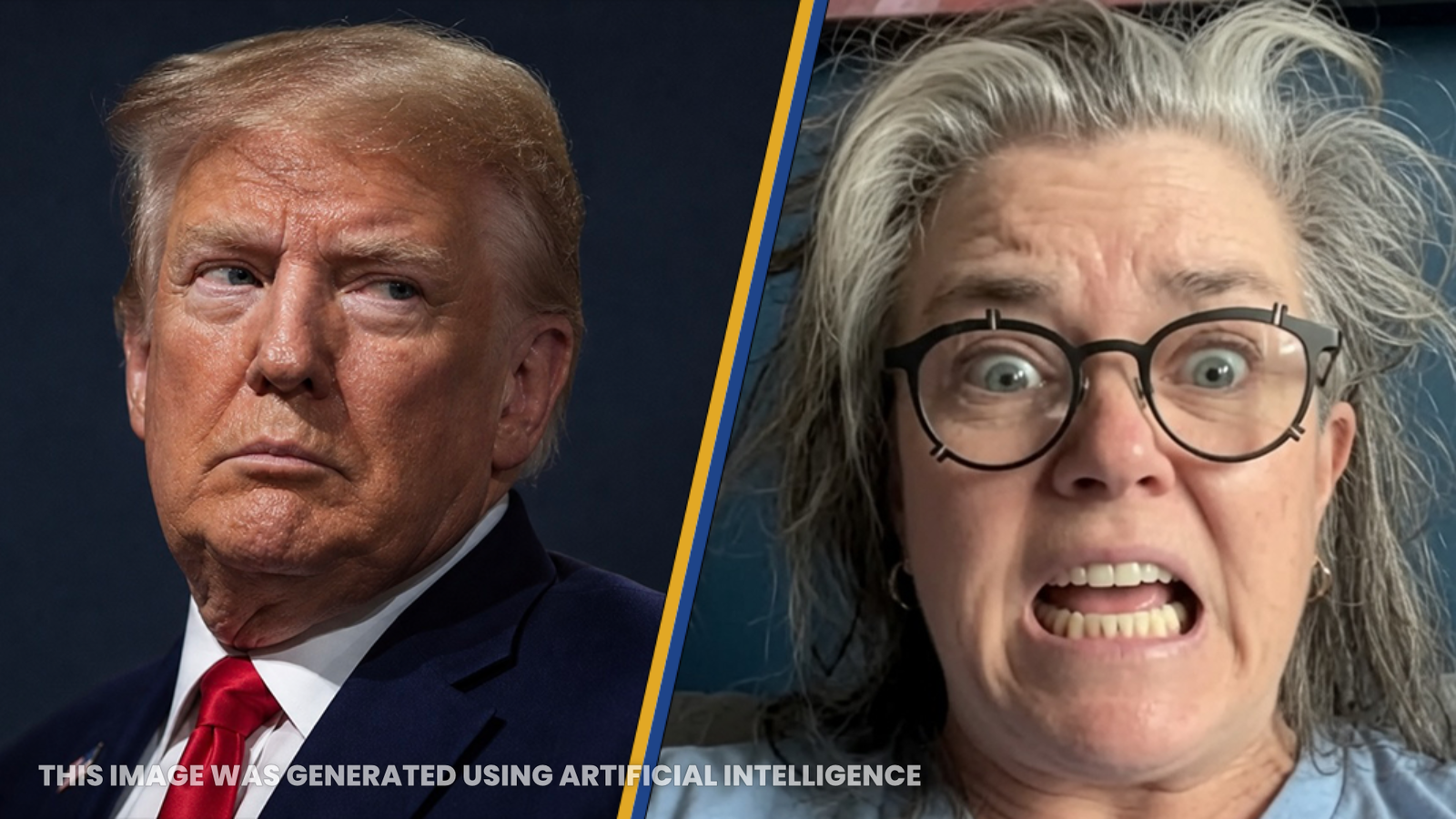 Split image featuring Donald Trump with a serious expression on the left and a shocked Rosie O'Donnell on the right, reacting with wide eyes and an open mouth.