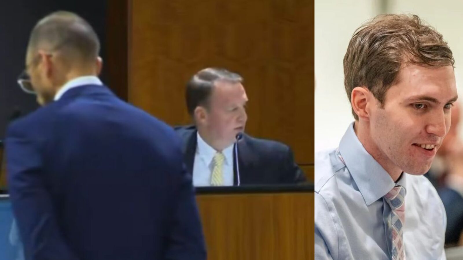 A courtroom scene featuring a judge speaking, with two individuals in formal attire, one appearing attentive and the other in profile.