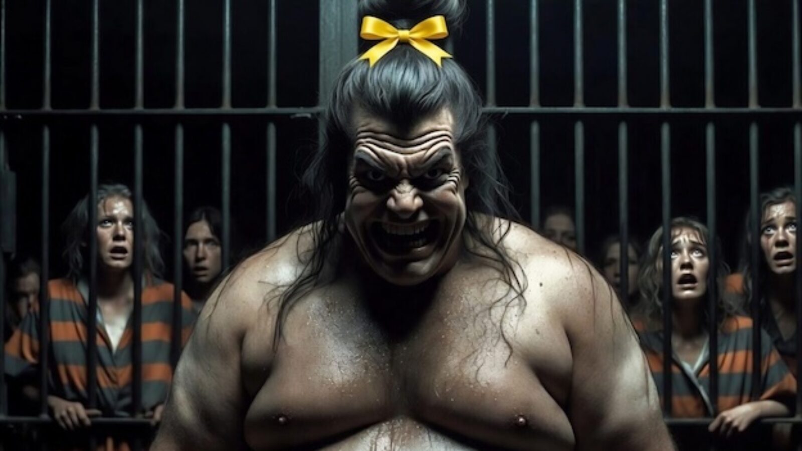 A muscular figure with a yellow bow stands menacingly in front of frightened prisoners behind bars, creating a dramatic and intense atmosphere.
