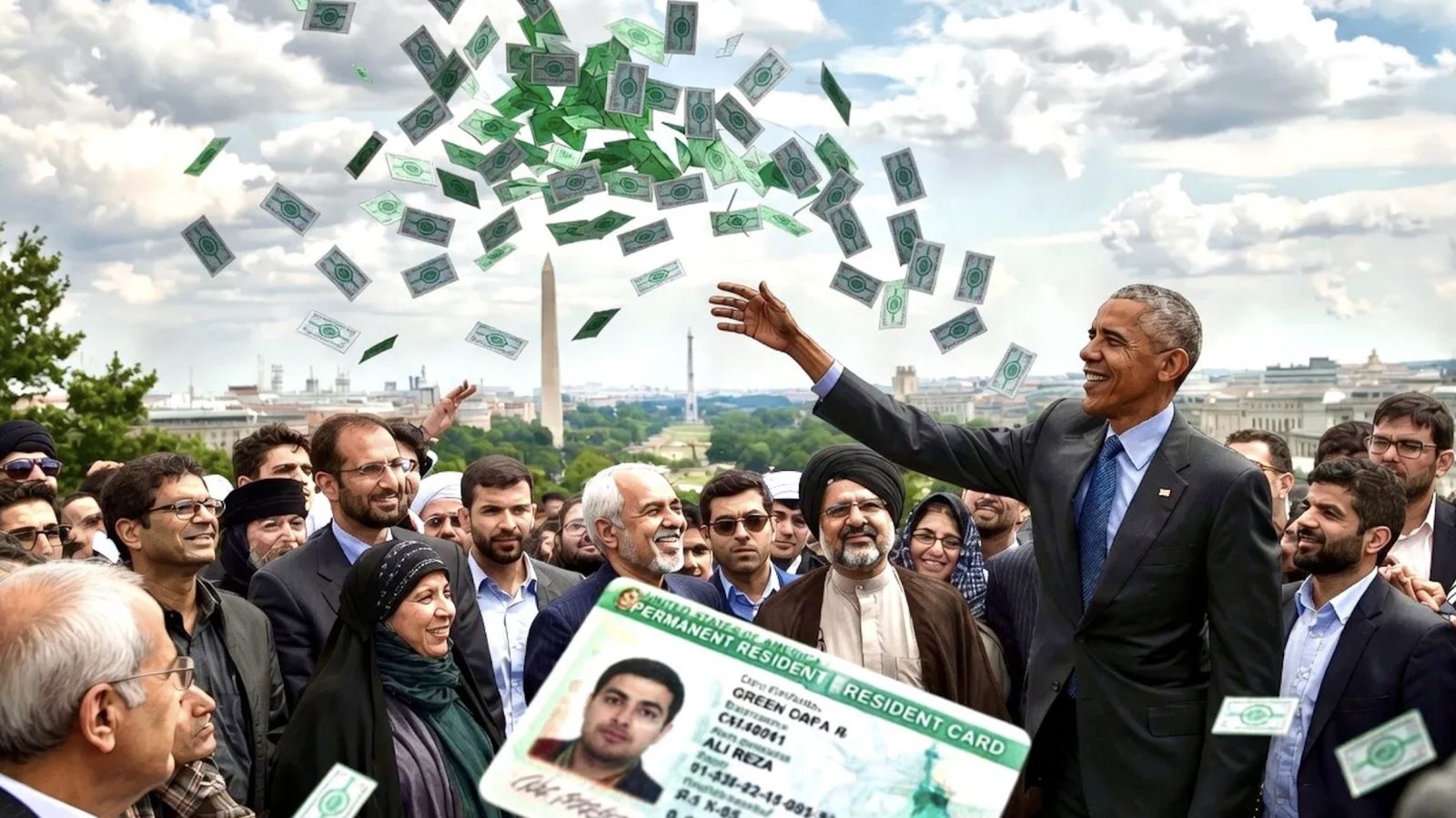 Barack Obama celebrating with a diverse group of people as dollar bills are tossed in the air against a backdrop of the Washington Monument.