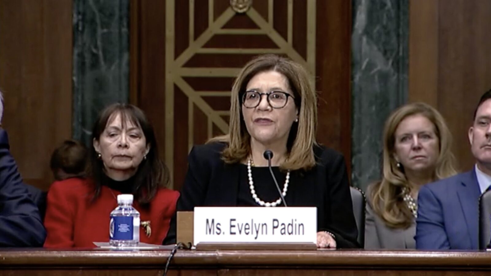 Evelyn Padin speaking at a congressional hearing, seated at a table with colleagues, highlighting important issues in a formal setting.