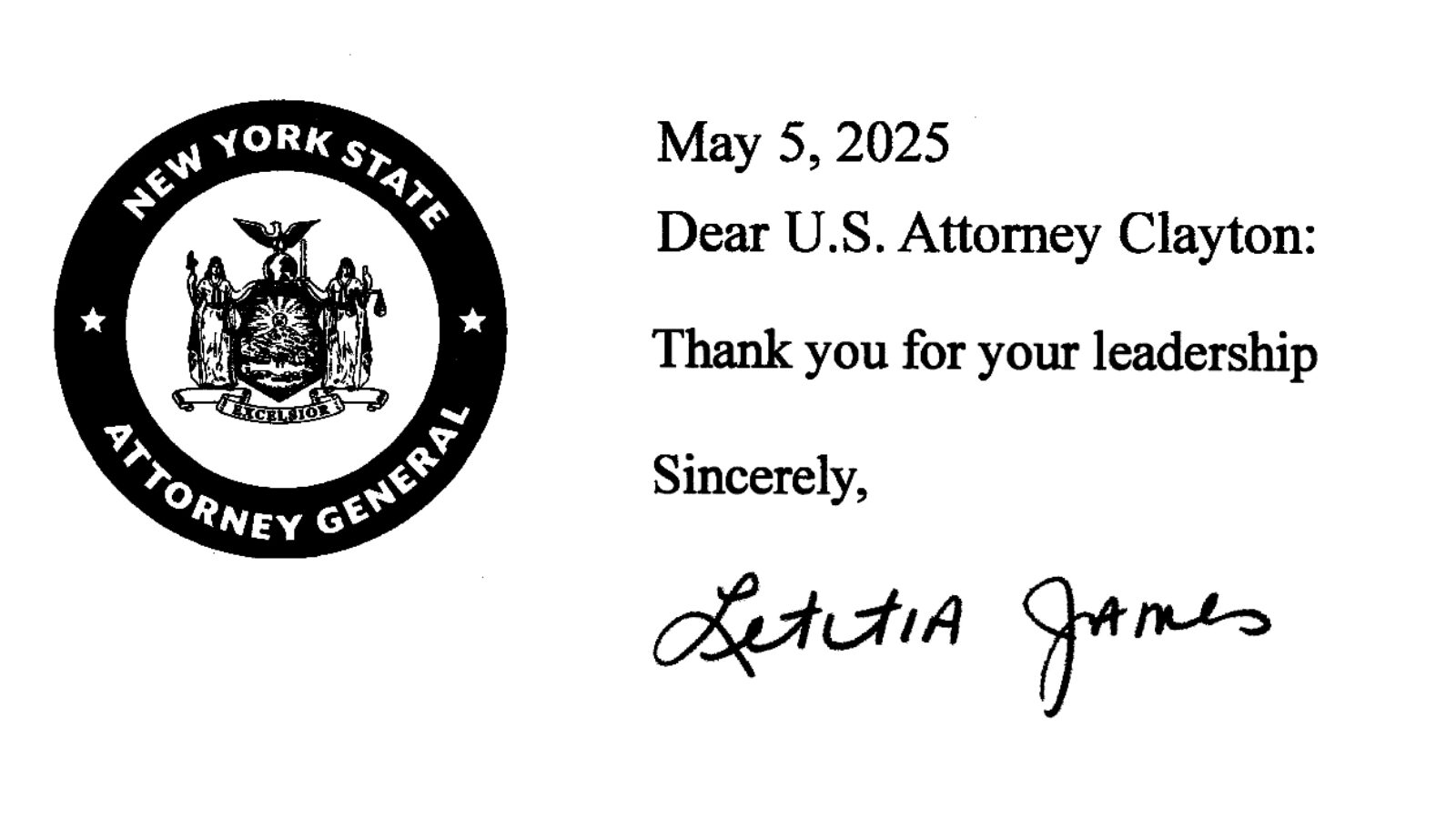 Letter from the New York State Attorney General, Letitia James, expressing gratitude to U.S. Attorney Clayton, dated May 5, 2025.