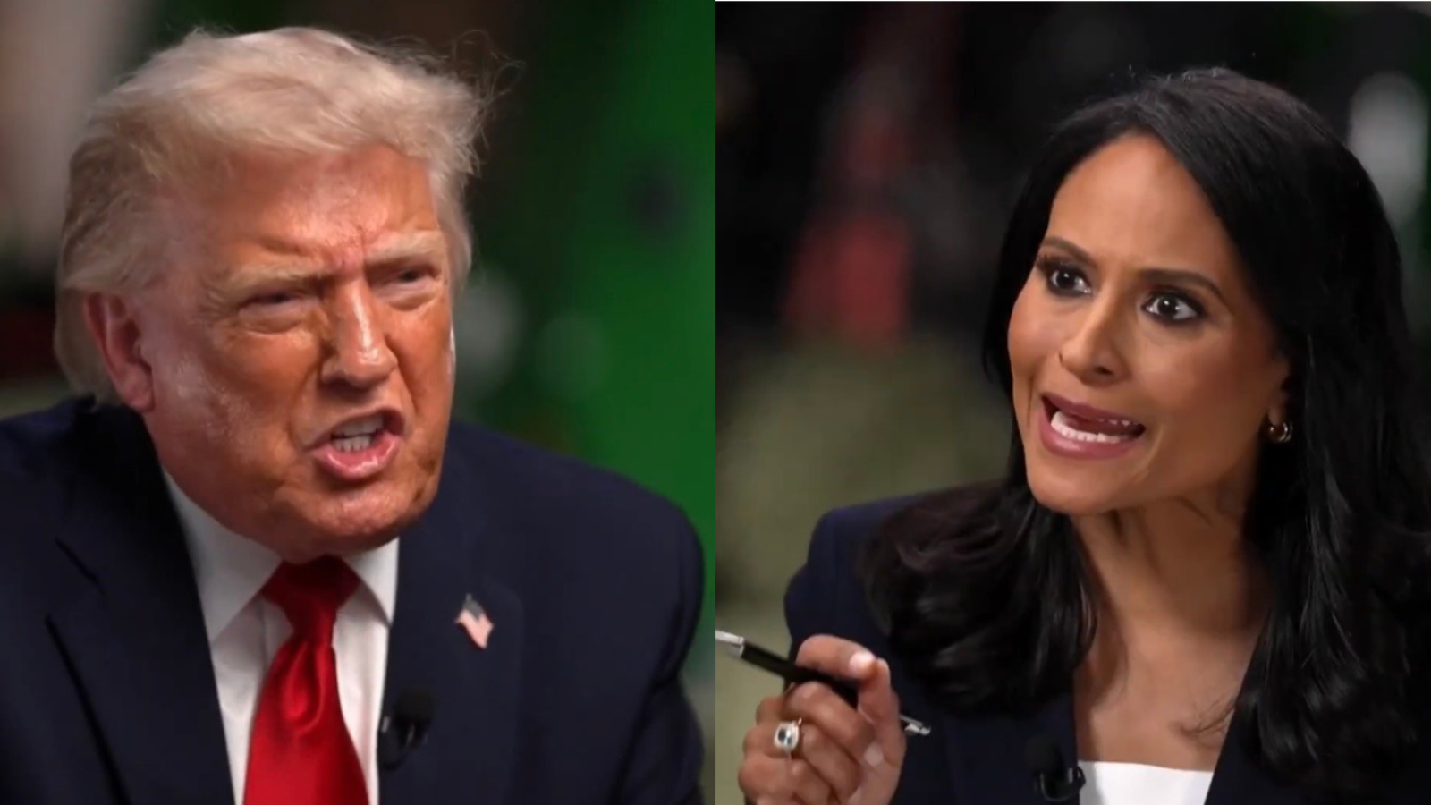Interview scene featuring a heated exchange between a man with light-colored hair in a suit and a woman with dark hair, both expressing strong emotions.