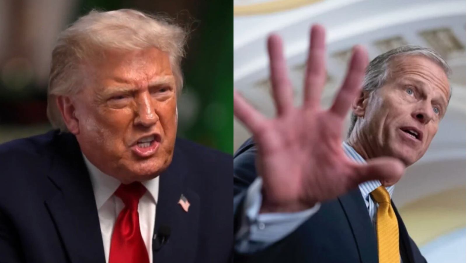 Donald Trump and John Thune during a discussion, highlighting political tensions and differing viewpoints in American politics.