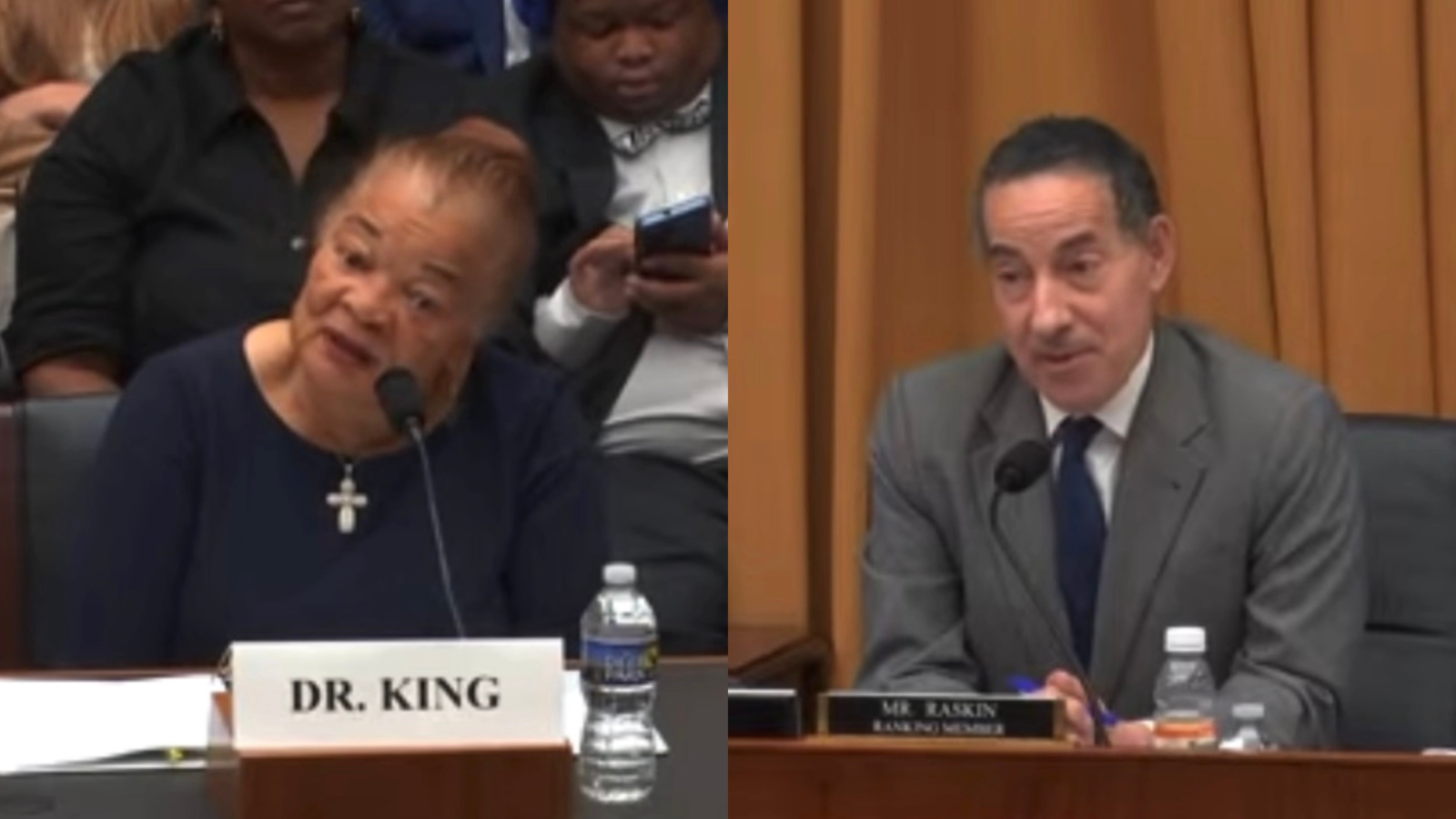 Dr. King and Mr. Raskin participate in a congressional hearing, discussing important social issues with an engaged audience in the background.