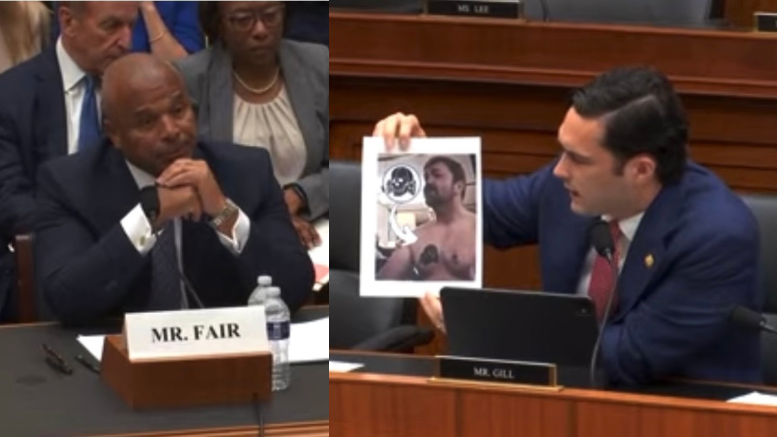 A congressional hearing featuring Mr. Fair listening attentively while Mr. Gill holds up a photo related to the discussion.
