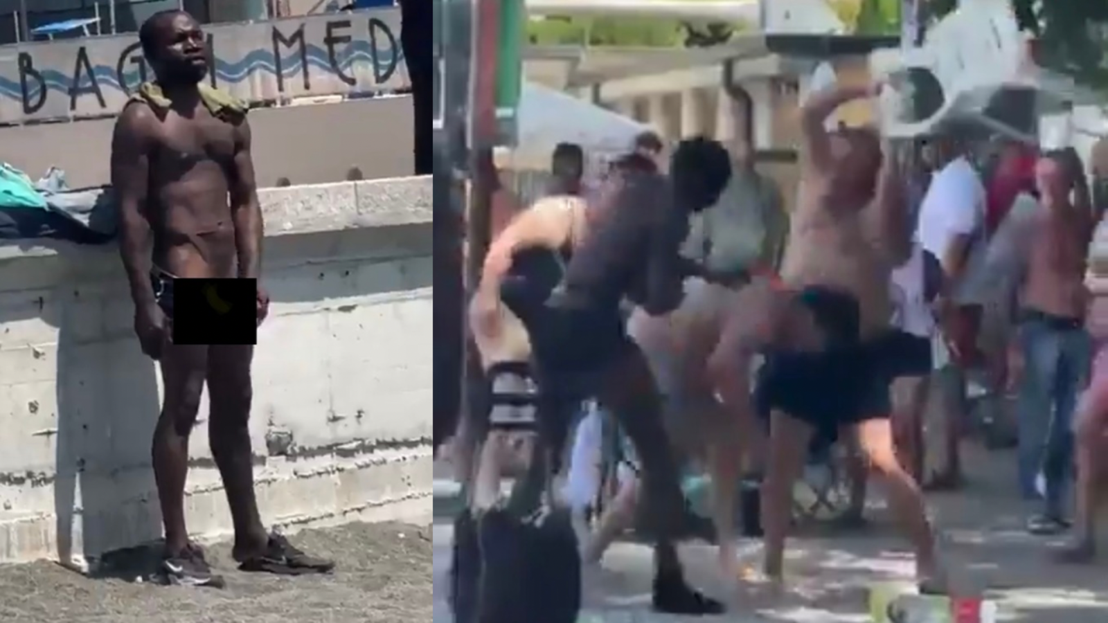 Two scenes showing a man standing by a wall and a chaotic altercation among beachgoers, highlighting summer beach activities and social interactions.