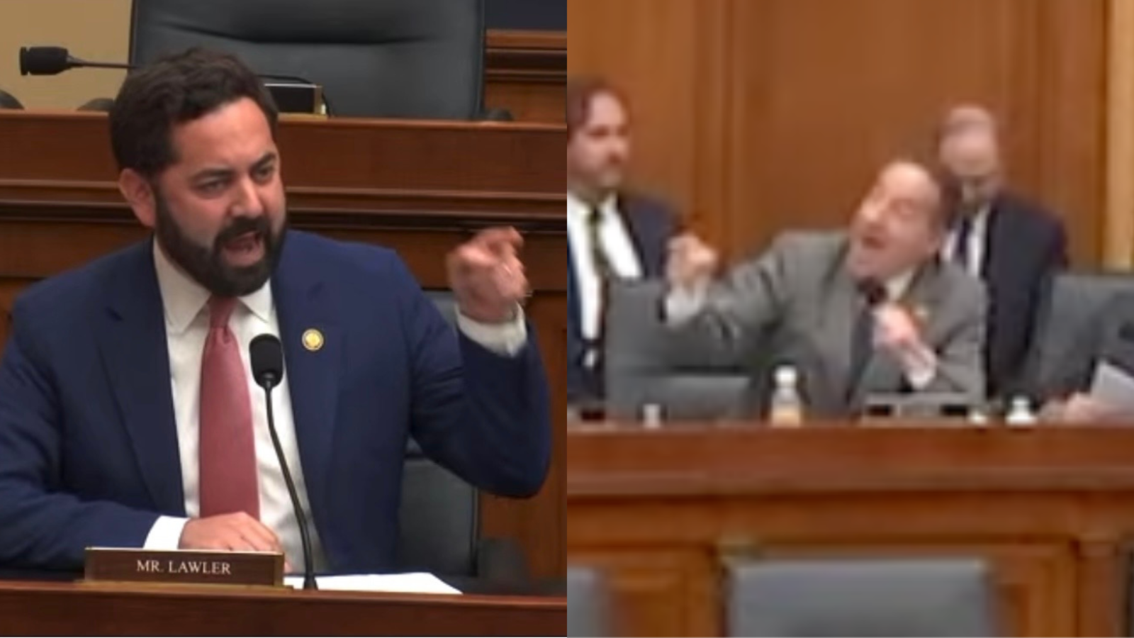 Two politicians passionately debating during a congressional hearing, with one gesturing emphatically while the other listens attentively.