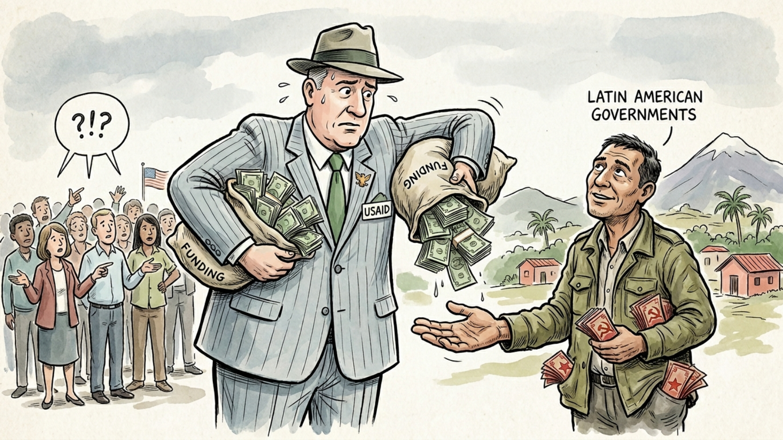 Illustration depicting a USAID official overwhelmed with cash while interacting with a representative of Latin American governments, highlighting funding discussions.
