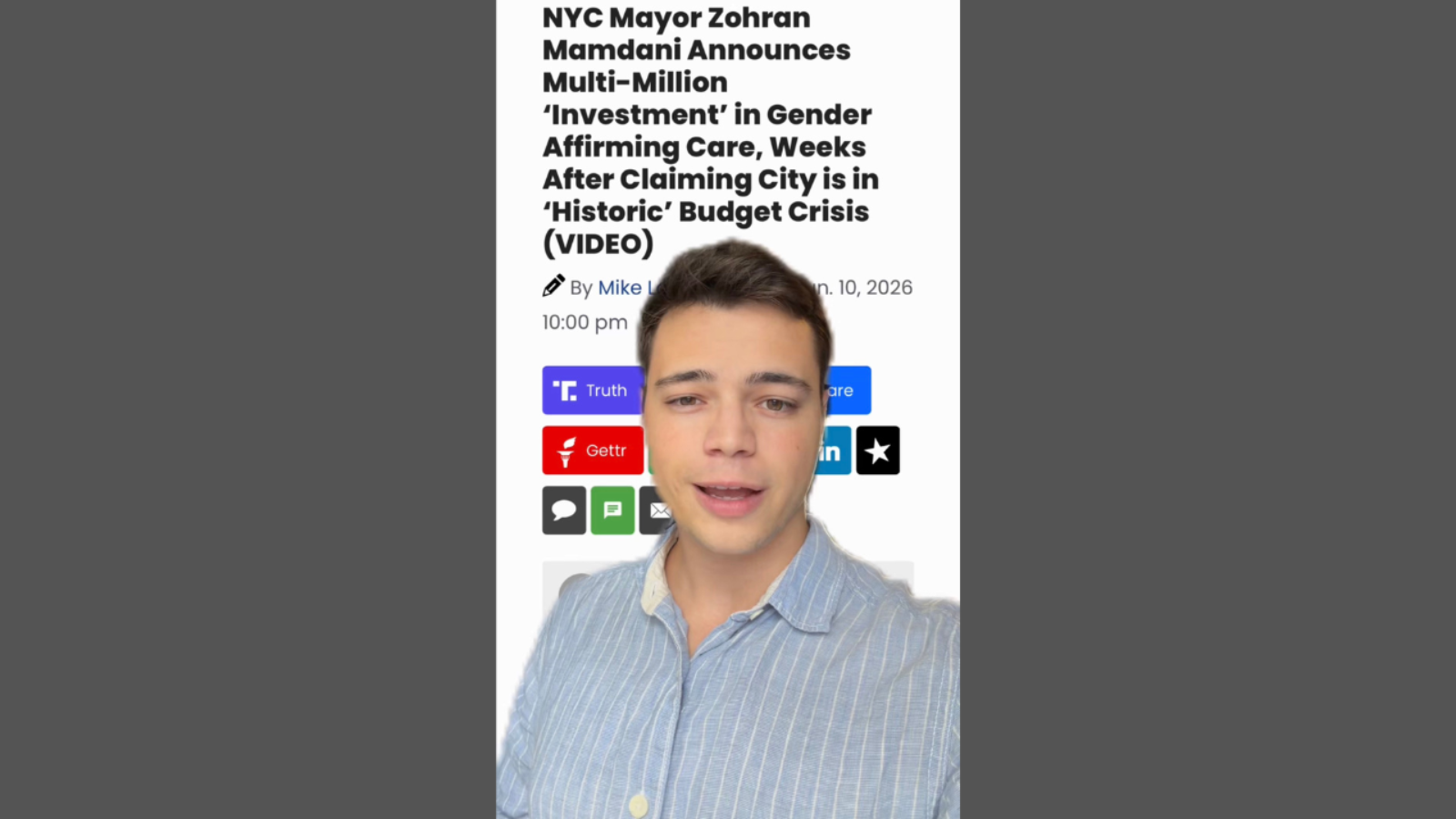 NYC Mayor Zohran Mamdani discusses a multi-million dollar investment in gender-affirming care amid a city budget crisis, as shown in a news article screenshot.
