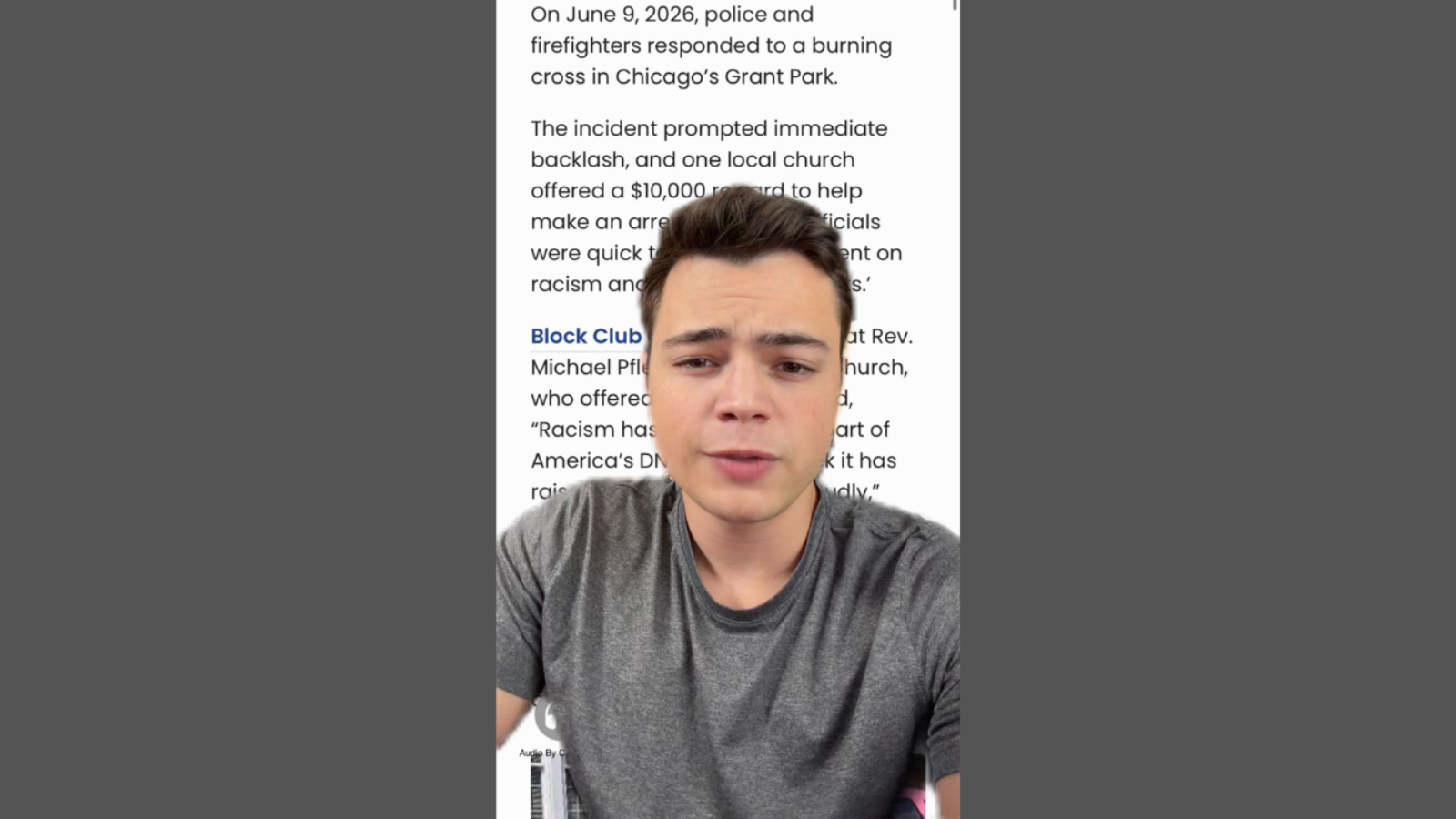 A young man speaks about a burning cross incident in Chicago, highlighting community responses and discussions on racism.